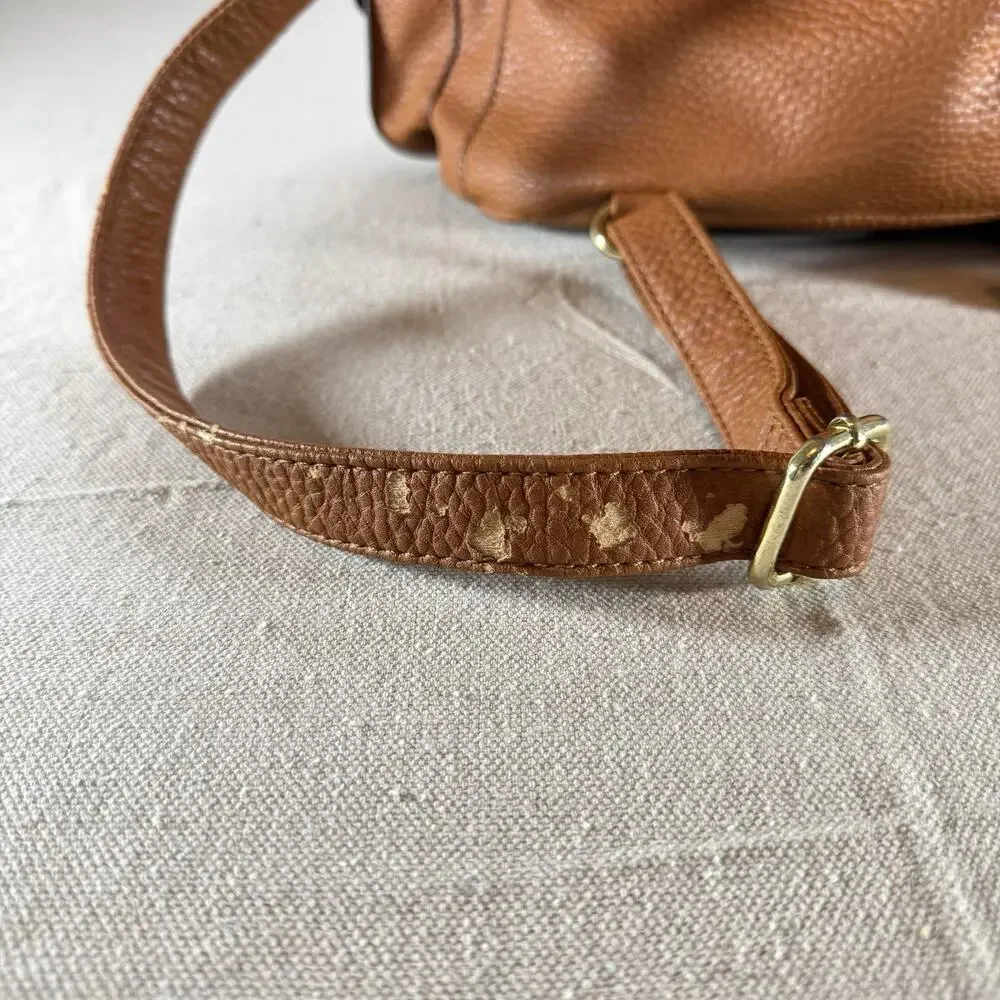 JustFab Brown Faux Leather Mini Backpack Purse Drawstring Flap Buckle Pockets